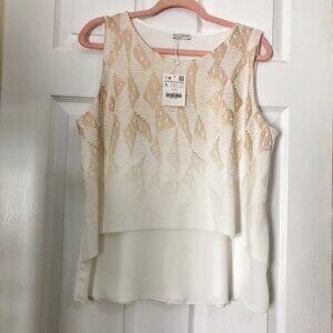 ZARA Women's Double Layered  Cream White Blouse With Rose Gold Pattern